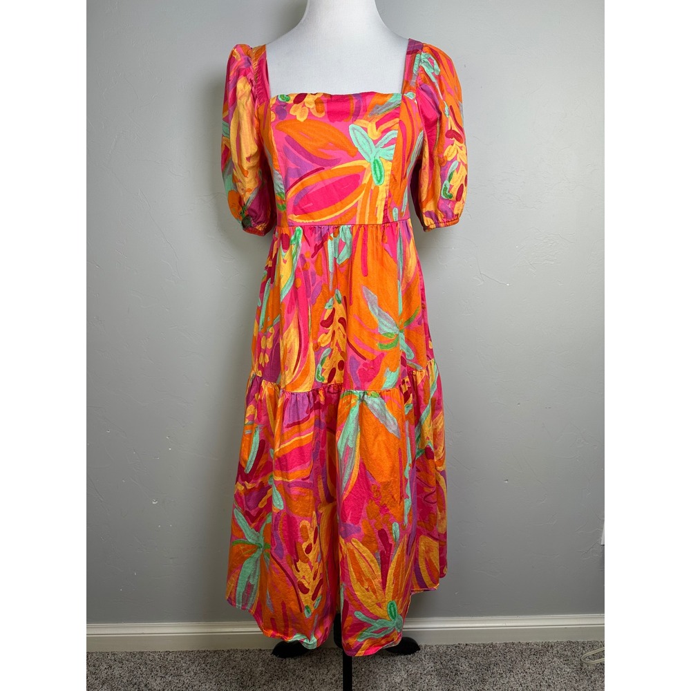 Crystal Sky Tropical Floral Puff Sleeve Tiered Midi Dress Orange Pink Large